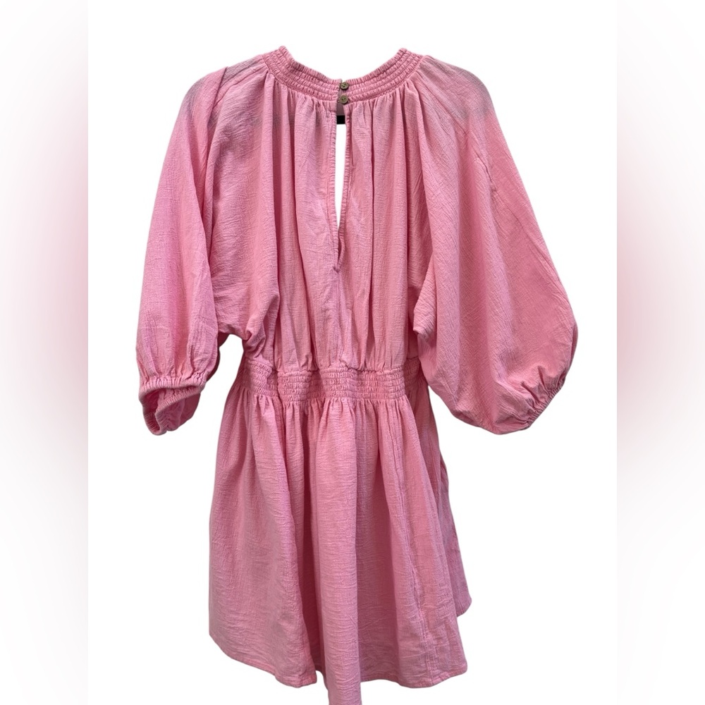 Free People For The Moment Pink Cotton Gauze Babydoll Mini Dress Pockets L Boho - Picture 3 of 6
